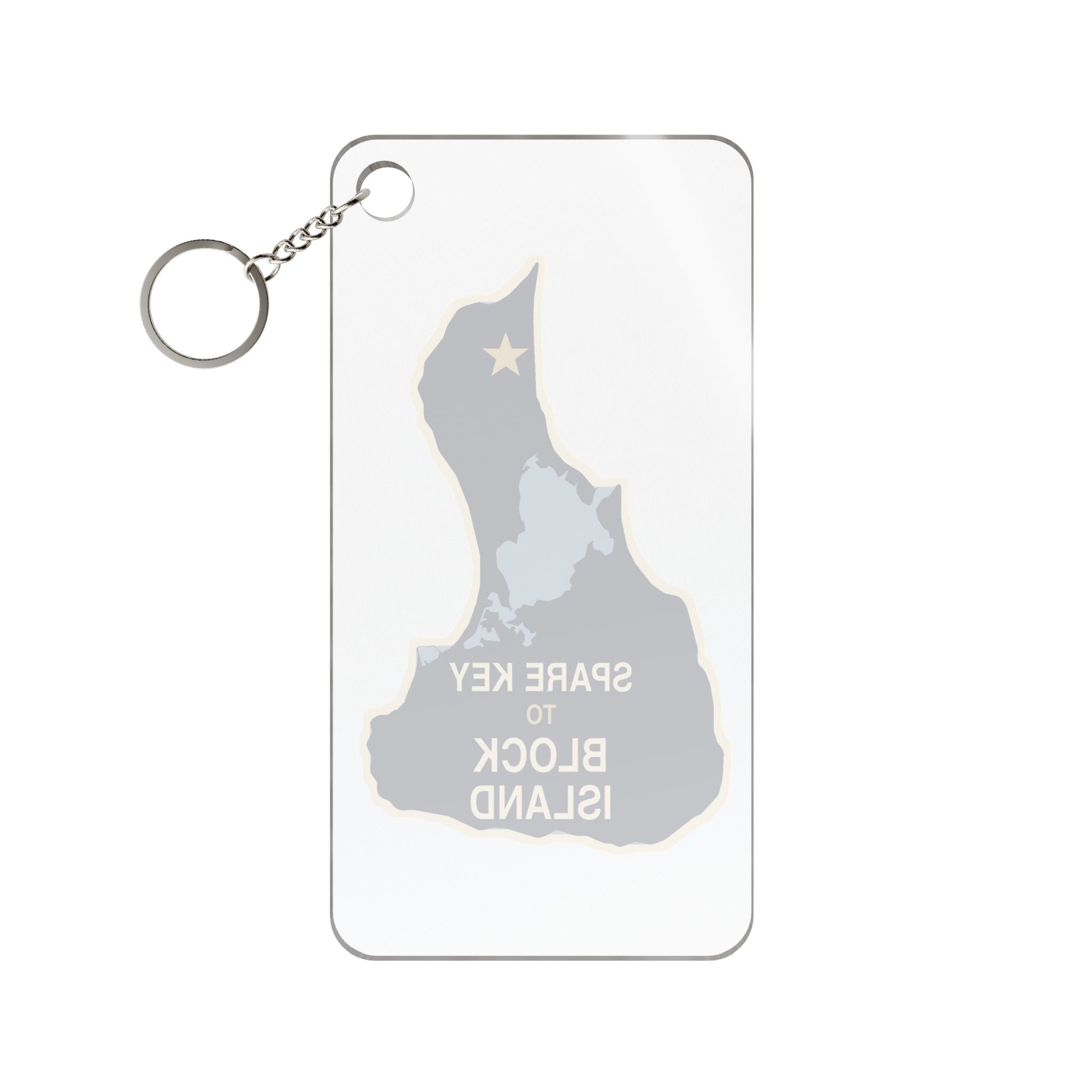 Clear acrylic keychain printed with a navy Block Island outline, pale blue Great Salt Pond and Spare Key to Block Island text — view 2