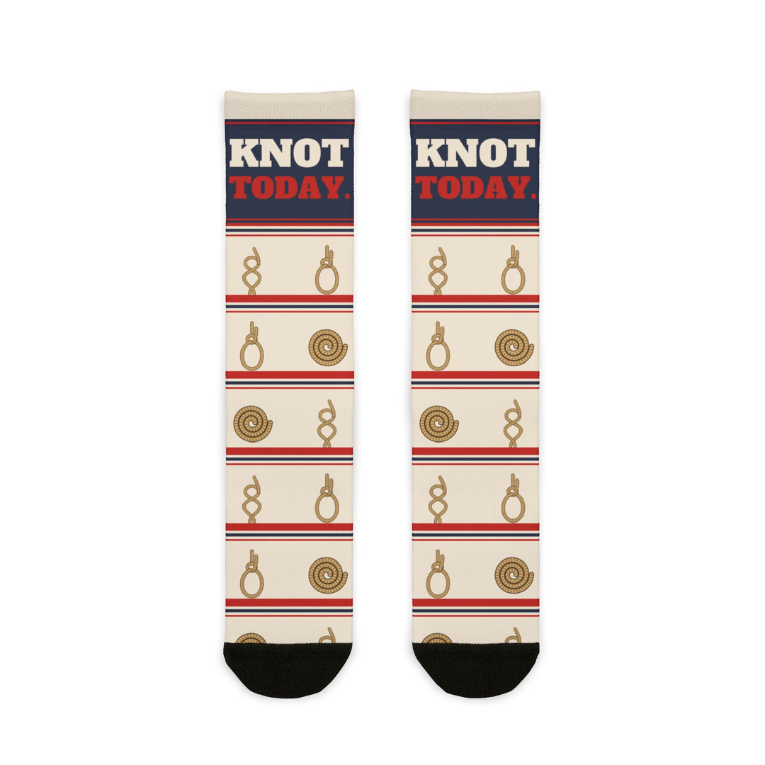 BlockBoundRI Knot Today nautical crew socks, front flat lay with navy Knot Today band and rope knots on cream