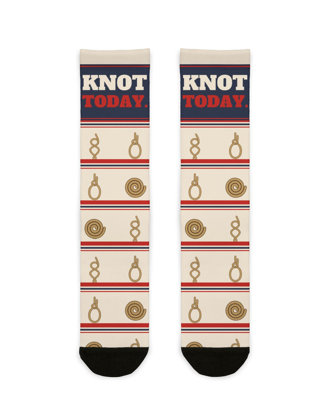 BlockBoundRI Knot Today nautical crew socks, front flat lay with navy Knot Today band and rope knots on cream