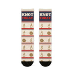 BlockBoundRI Knot Today nautical crew socks, front flat lay with navy Knot Today band and rope knots on cream