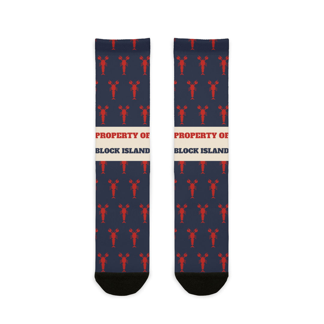 BlockBoundRI Property of Block Island socks, navy with red lobster print and cream slogan band, flat lay