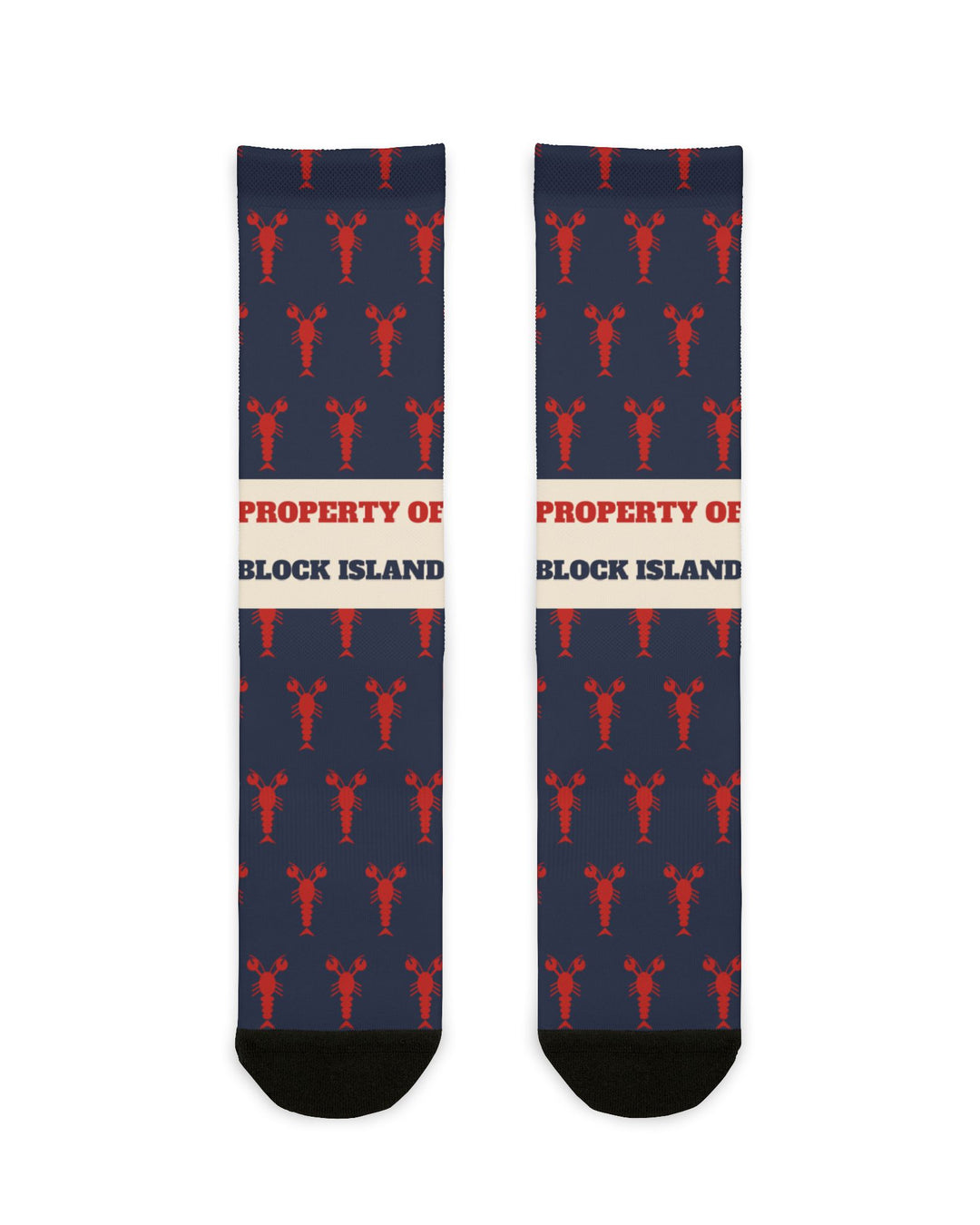 BlockBoundRI Property of Block Island socks, navy with red lobster print and cream slogan band, flat lay