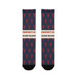 BlockBoundRI Property of Block Island socks, navy with red lobster print and cream slogan band, flat lay