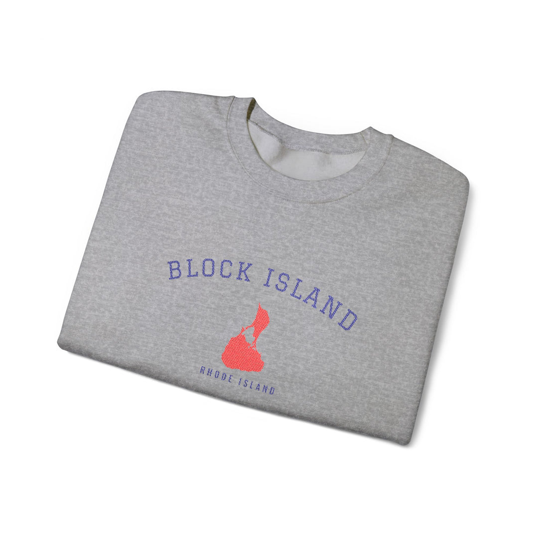 Crewneck sweatshirt with BLOCK ISLAND embroidered in arched varsity letters over a stitched Block Island map and RHODE ISLAND
