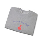 Crewneck sweatshirt with BLOCK ISLAND embroidered in arched varsity letters over a stitched Block Island map and RHODE ISLAND