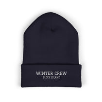 BlockBoundRI navy Block Island beanie with Winter Crew embroidered in white on the folded cuff, front view