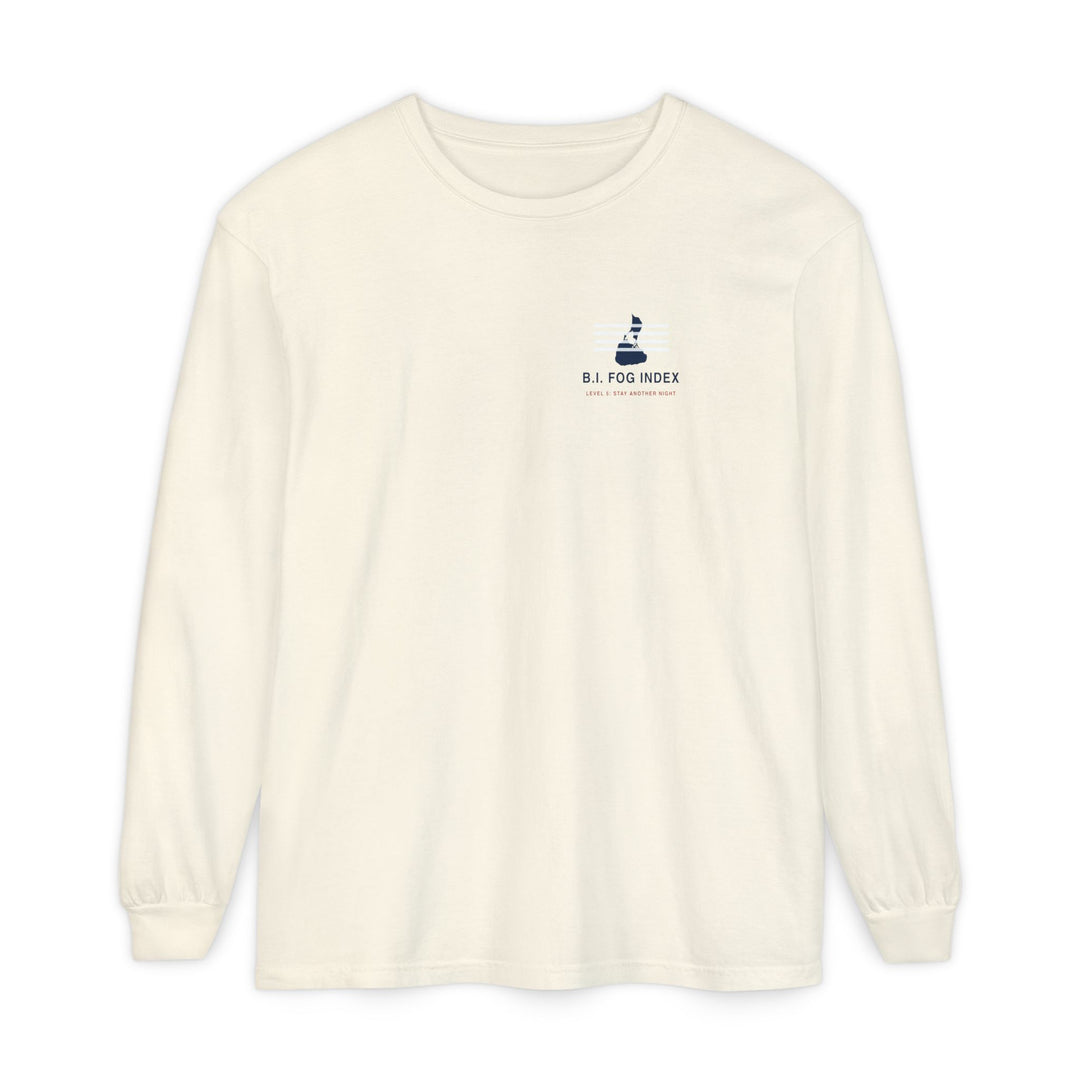 Block Island Fog Index long sleeve: five fog levels from Clear to Island Classic with ferry illustrations