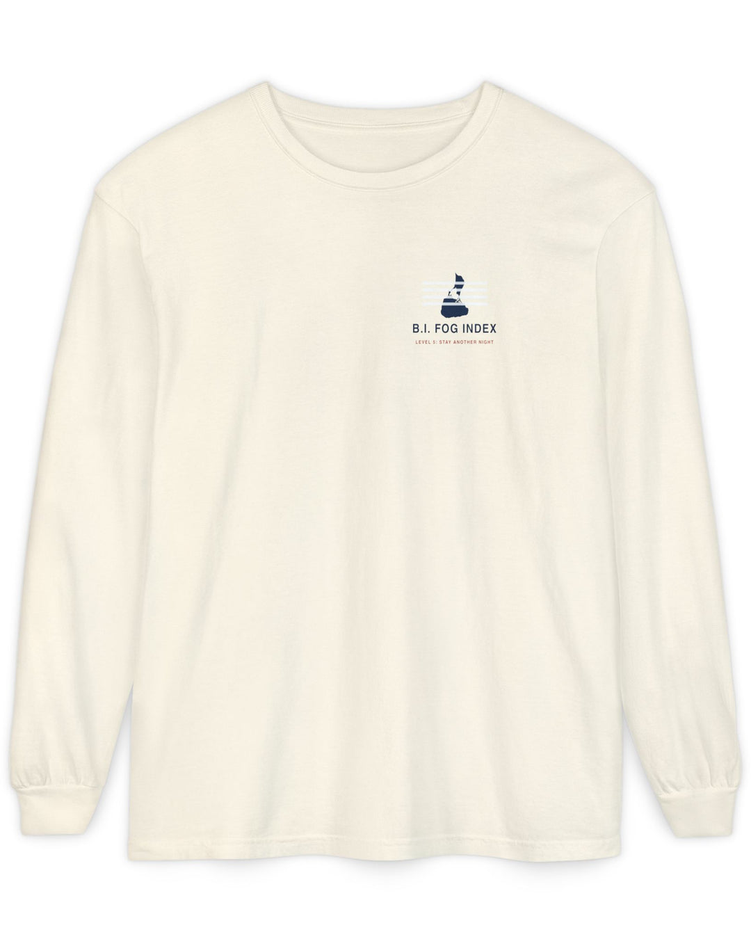 Block Island Fog Index long sleeve: five fog levels from Clear to Island Classic with ferry illustrations