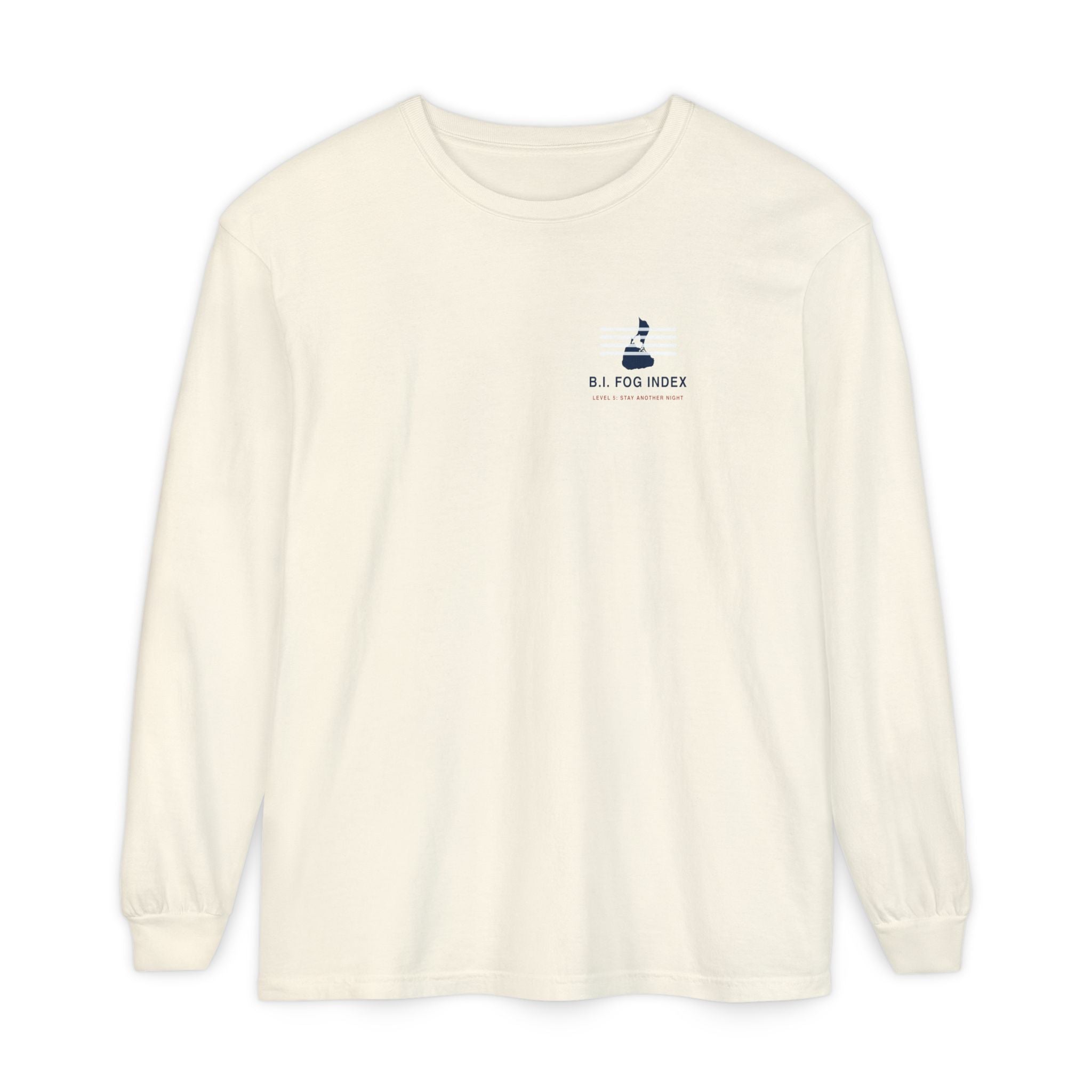 Block Island Fog Index long sleeve: five fog levels from Clear to Island Classic with ferry illustrations