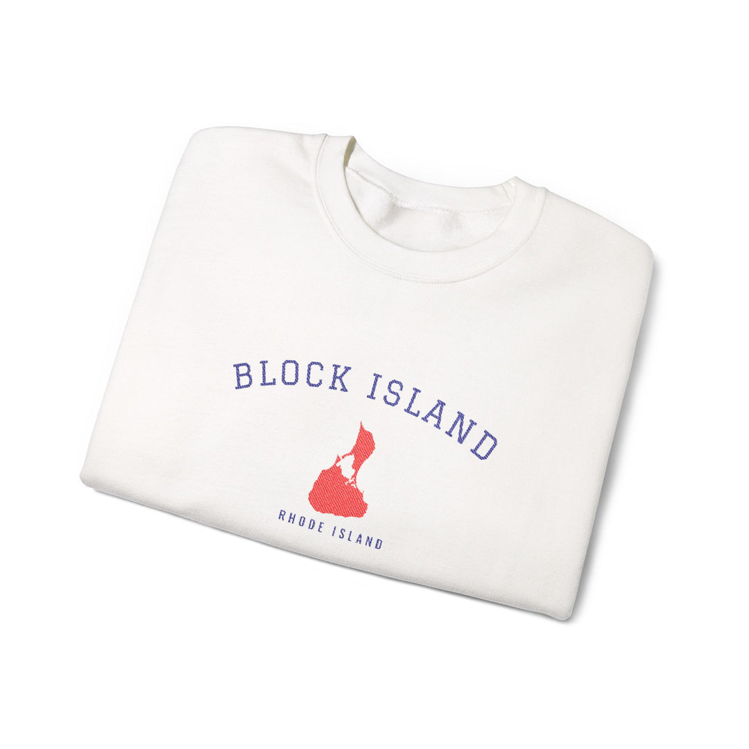 Crewneck sweatshirt with BLOCK ISLAND embroidered in arched varsity letters over a stitched Block Island map and RHODE ISLAND