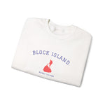 Crewneck sweatshirt with BLOCK ISLAND embroidered in arched varsity letters over a stitched Block Island map and RHODE ISLAND