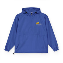 BlockBoundRI royal blue Champion hooded anorak with gold Mohegan Bluffs chest embroidery, Block Island jacket front view
