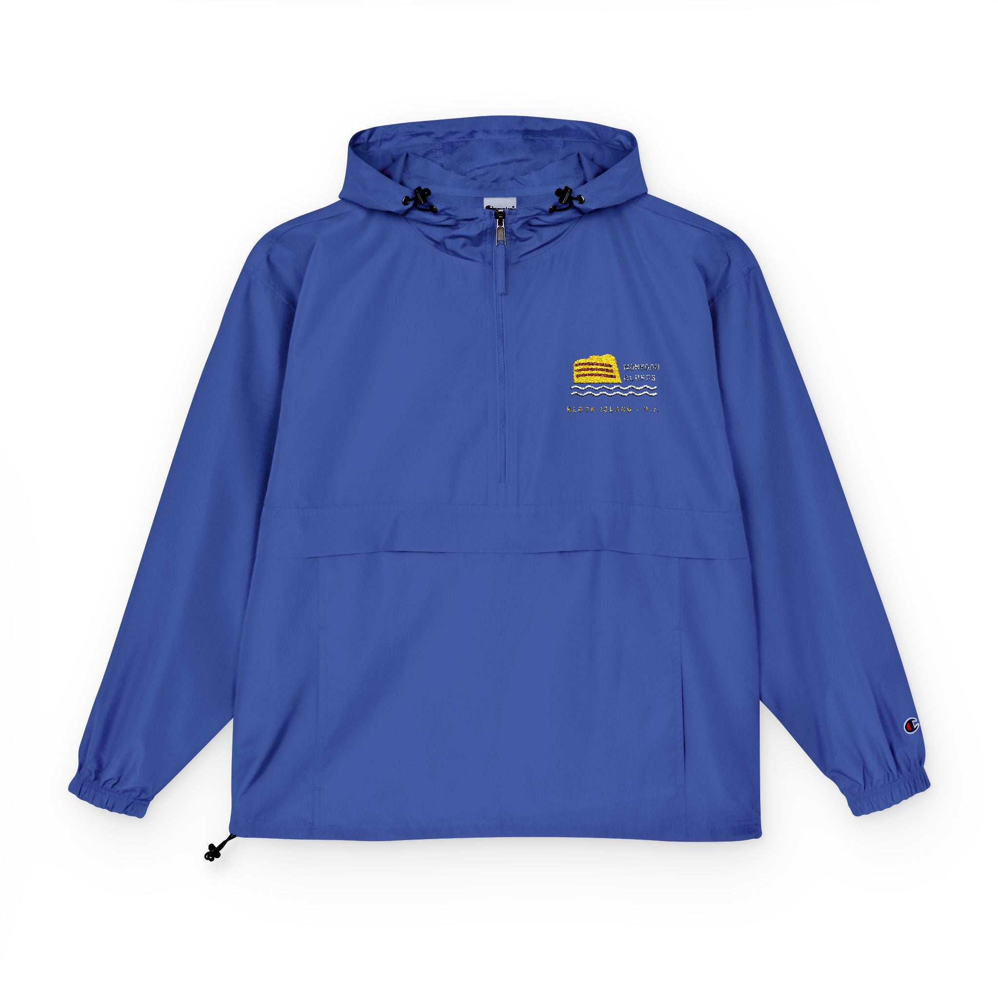 Champion packable anorak with embroidered Mohegan Bluffs cliff and surf mark on the left chest — view 2