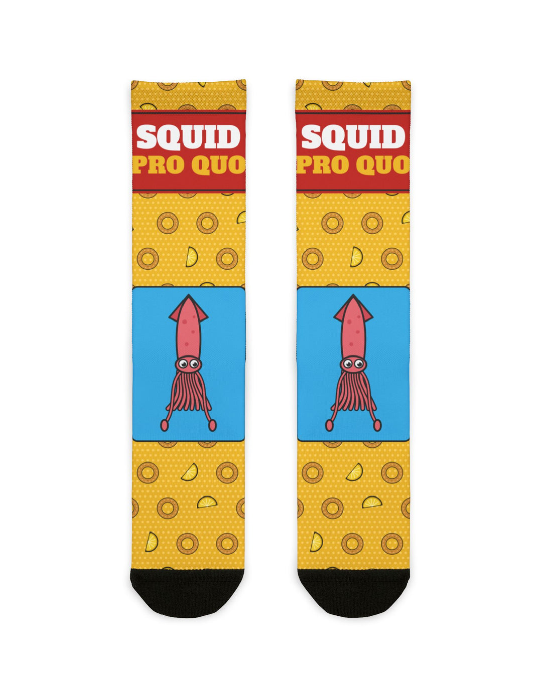 Squid Pro Quo funny Rhode Island socks in yellow with calamari rings, red slogan band and pink squid on blue, flat lay