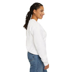 Side profile of a woman with a ponytail in the white One More Crossing Rhode Island sweatshirt