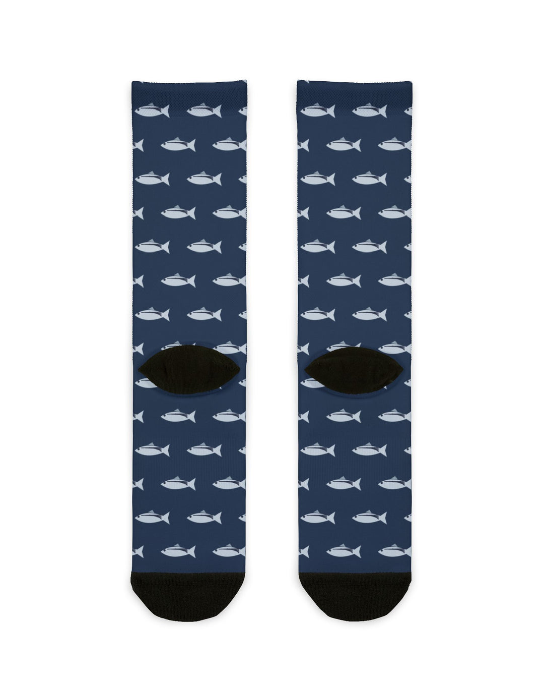 Back view of navy fishing crew socks showing the all-over striped bass pattern and black heels