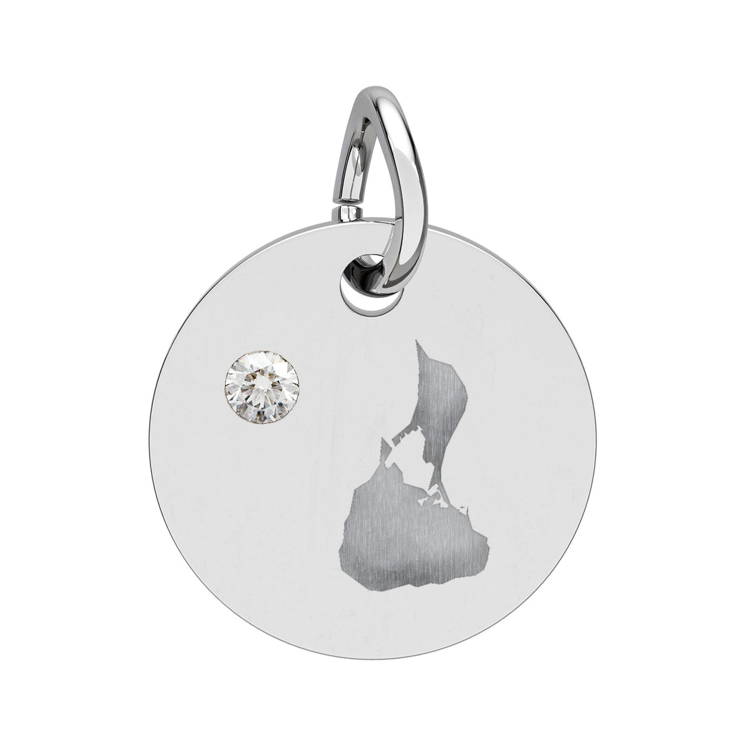 Round engraved Block Island charm with a cubic zirconia birthstone