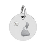 Round engraved Block Island charm with a cubic zirconia birthstone