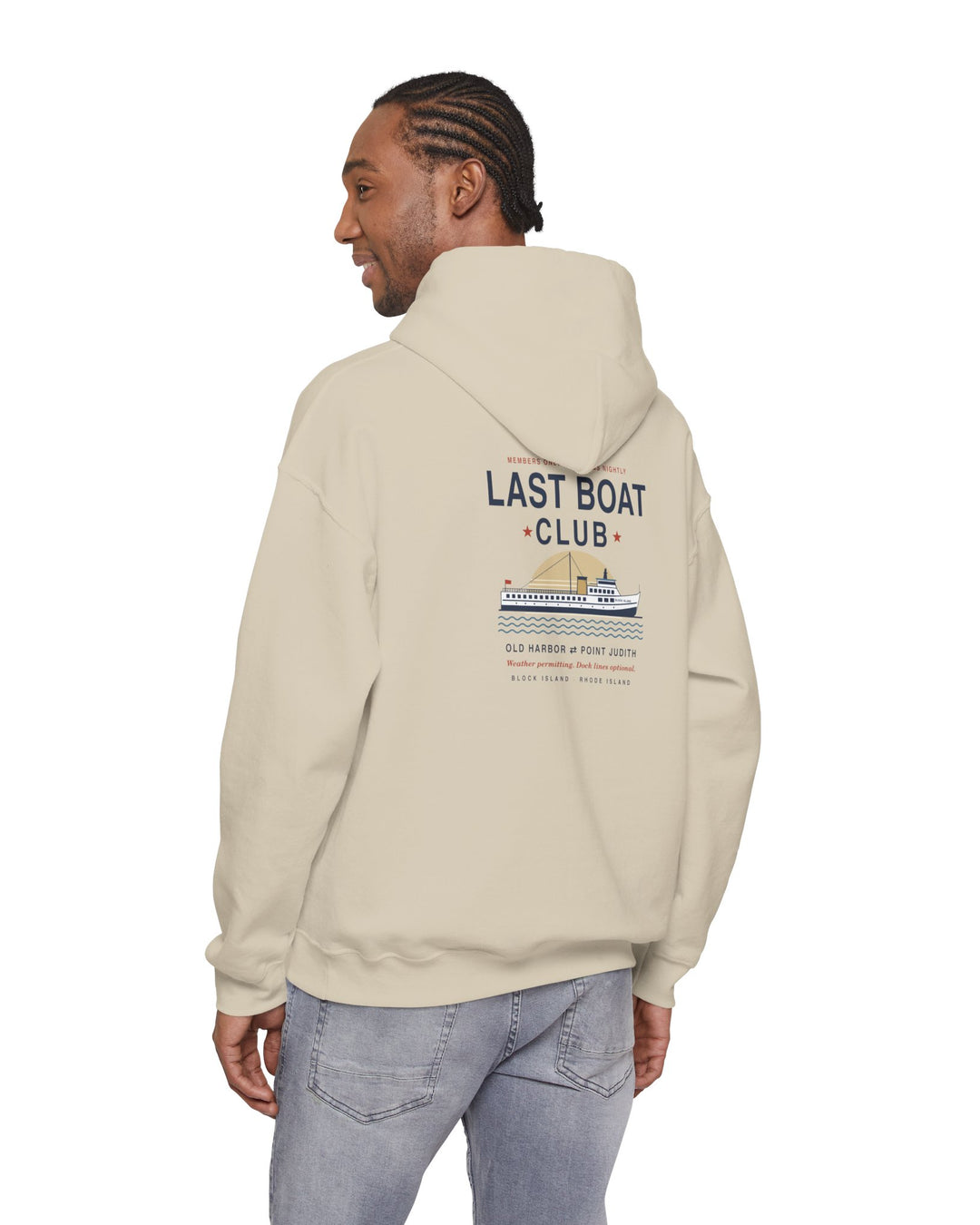 Last Boat Club hoodie: M/V BLOCK ISLAND ferry against a striped sunset, Block Island R.I. — view 30