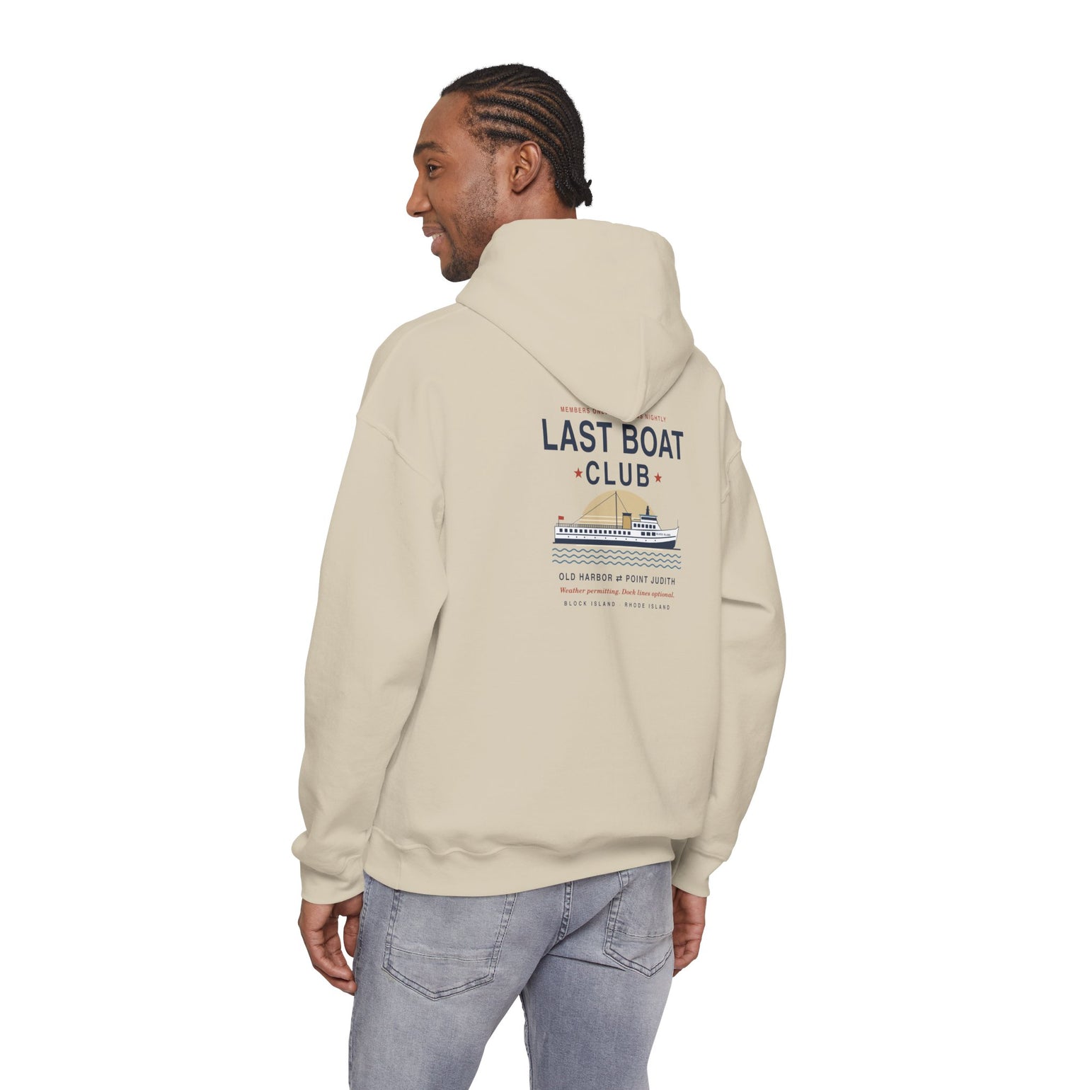 Last Boat Club hoodie: M/V BLOCK ISLAND ferry against a striped sunset, Block Island R.I. — view 30