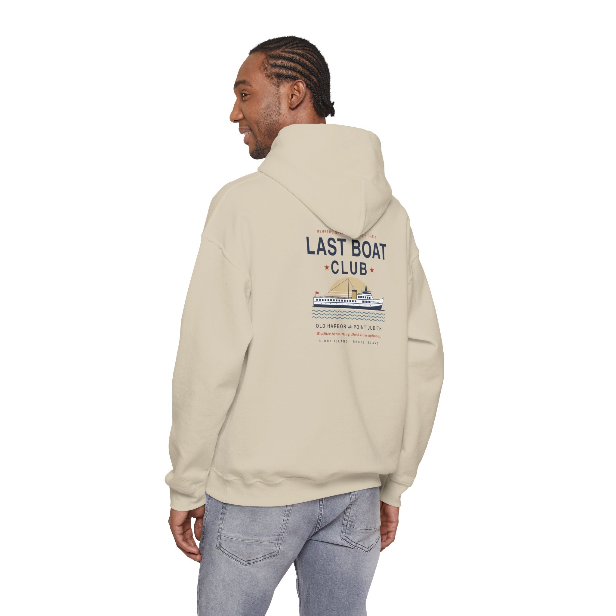 Last Boat Club hoodie: M/V BLOCK ISLAND ferry against a striped sunset, Block Island R.I. — view 30