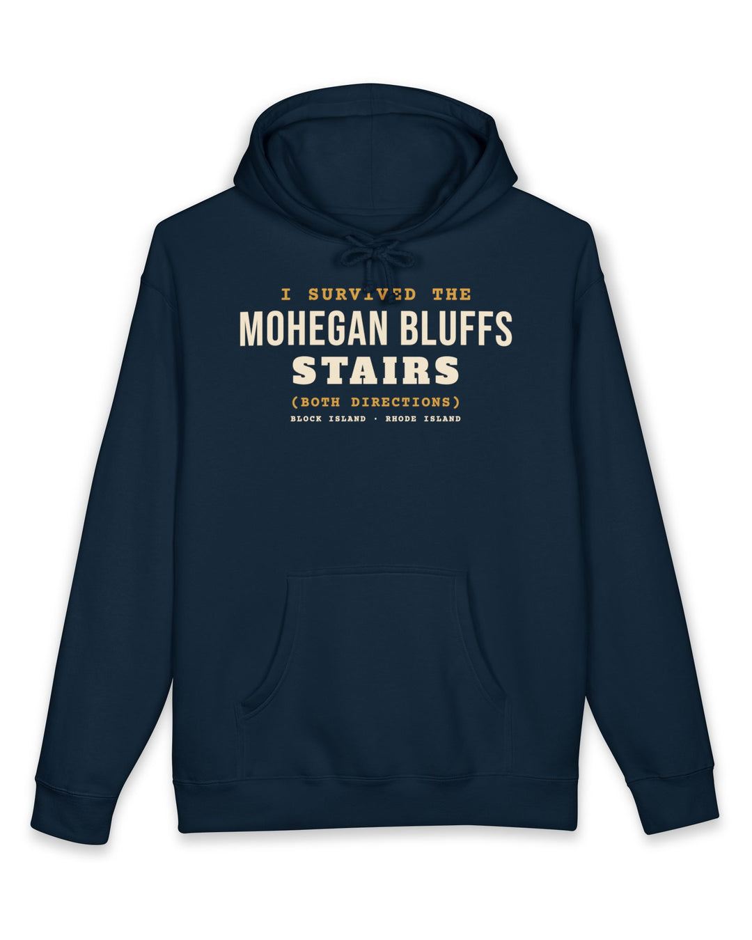 I Survived the Mohegan Bluffs Stairs Block Island hoodie in Navy - BlockBoundRI