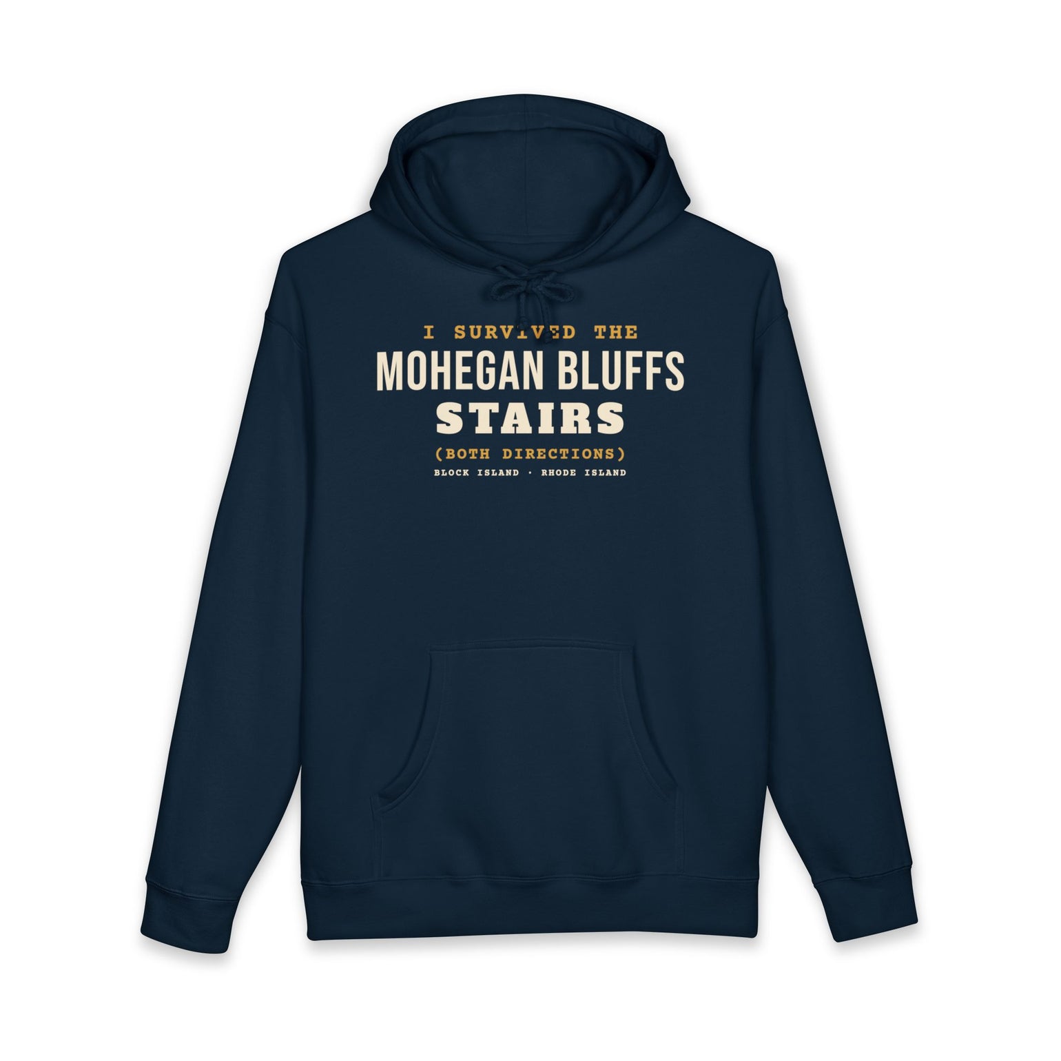 I Survived the Mohegan Bluffs Stairs Block Island hoodie in Navy - BlockBoundRI