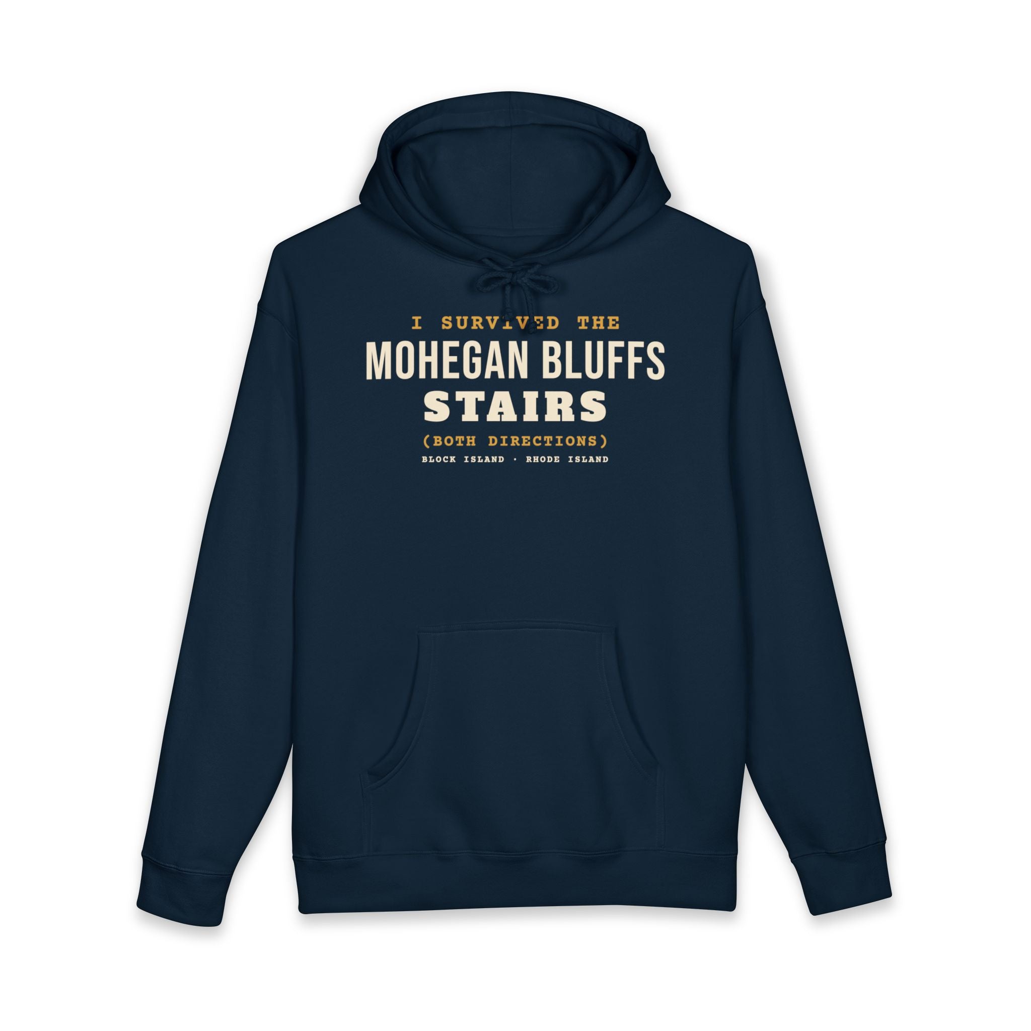 I Survived the Mohegan Bluffs Stairs Block Island hoodie in Navy - BlockBoundRI