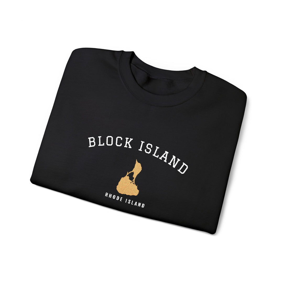 Crewneck sweatshirt with BLOCK ISLAND embroidered in arched varsity letters over a stitched Block Island map and RHODE ISLAND