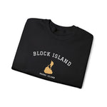 Crewneck sweatshirt with BLOCK ISLAND embroidered in arched varsity letters over a stitched Block Island map and RHODE ISLAND
