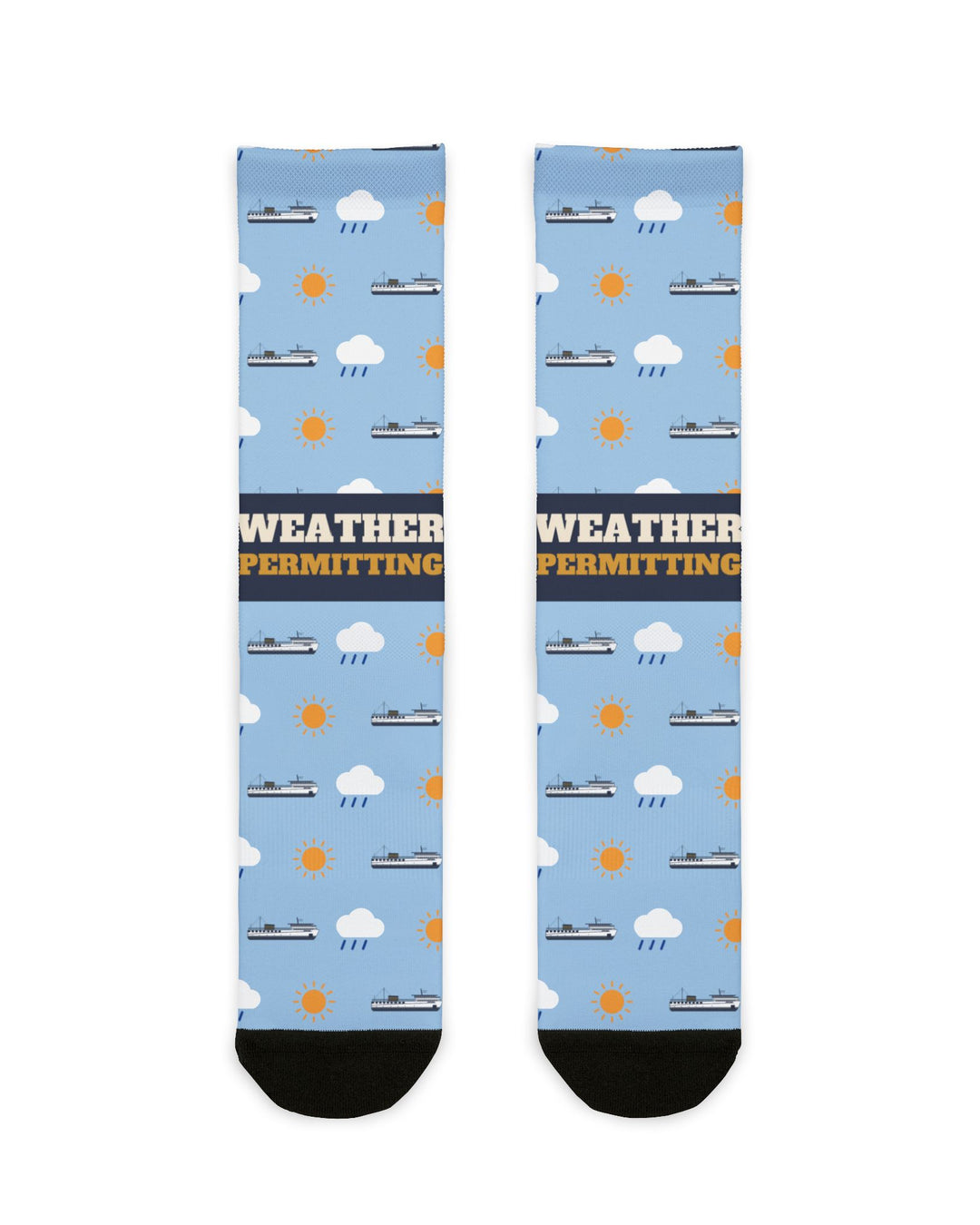 BlockBoundRI Weather Permitting Block Island socks, light blue with ferries, clouds and suns, front flat lay