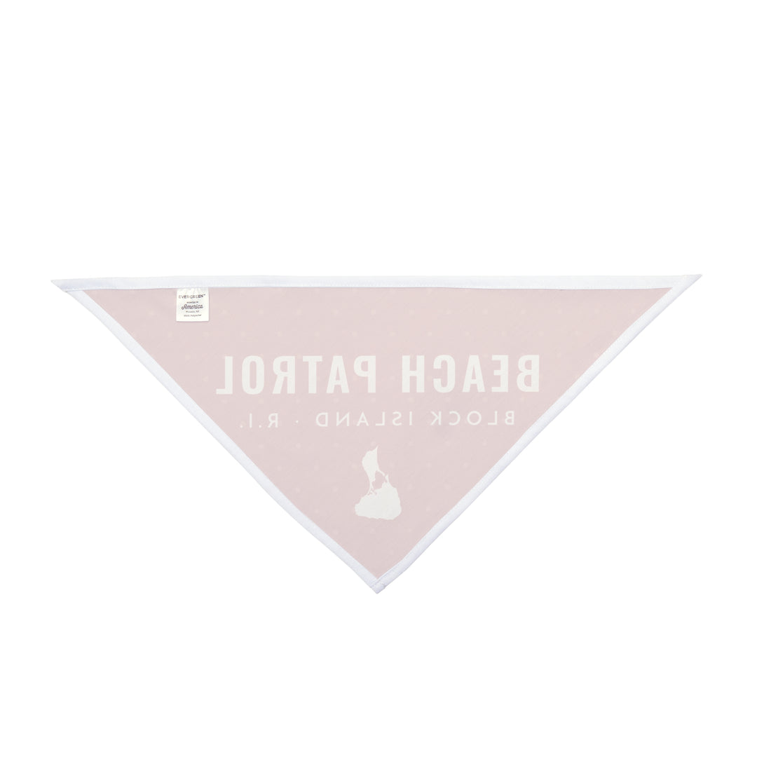 Pale back of the Beach Patrol pet bandana laid flat showing mirrored print through fabric, Block Island dog gift