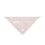 Pale back of the Beach Patrol pet bandana laid flat showing mirrored print through fabric, Block Island dog gift