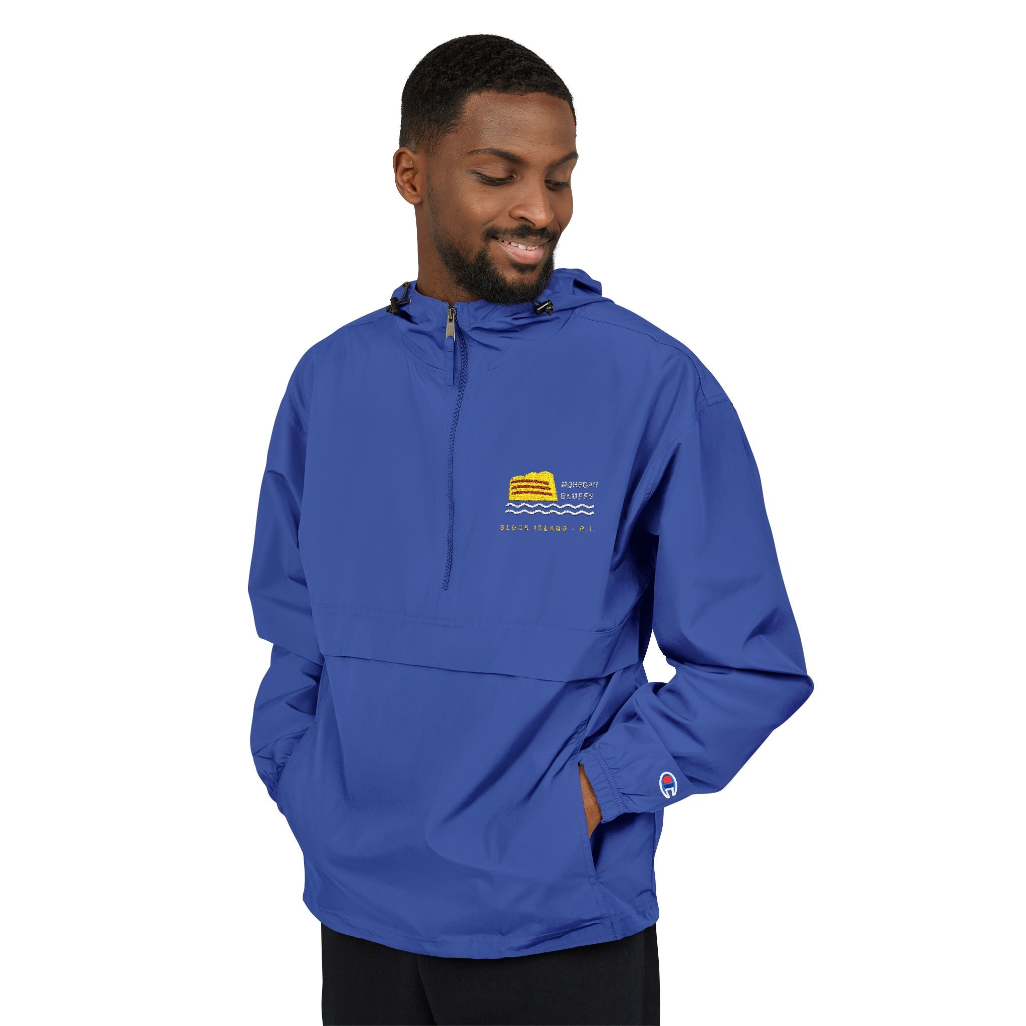 Champion packable anorak with embroidered Mohegan Bluffs cliff and surf mark on the left chest — view 10