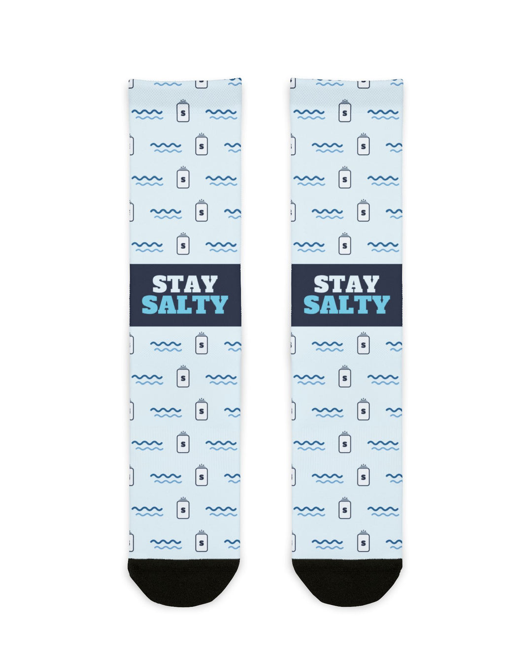 BlockBoundRI Stay Salty Rhode Island socks, front flat lay of light blue wave-print crew socks with navy slogan band