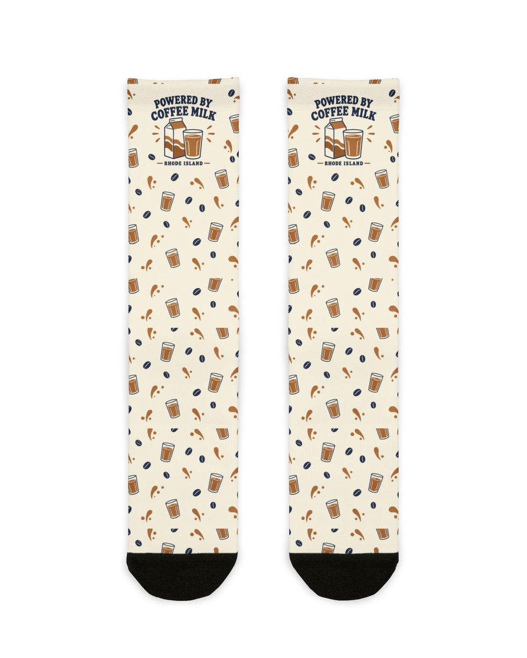 Flat lay of cream Powered by Coffee Milk Rhode Island socks with milk carton, coffee cup and bean pattern