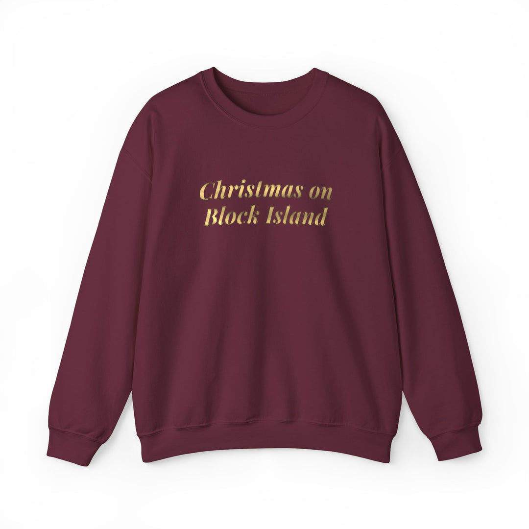 Crewneck sweatshirt with Christmas on Block Island in gold metallic italic lettering