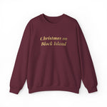 Crewneck sweatshirt with Christmas on Block Island in gold metallic italic lettering