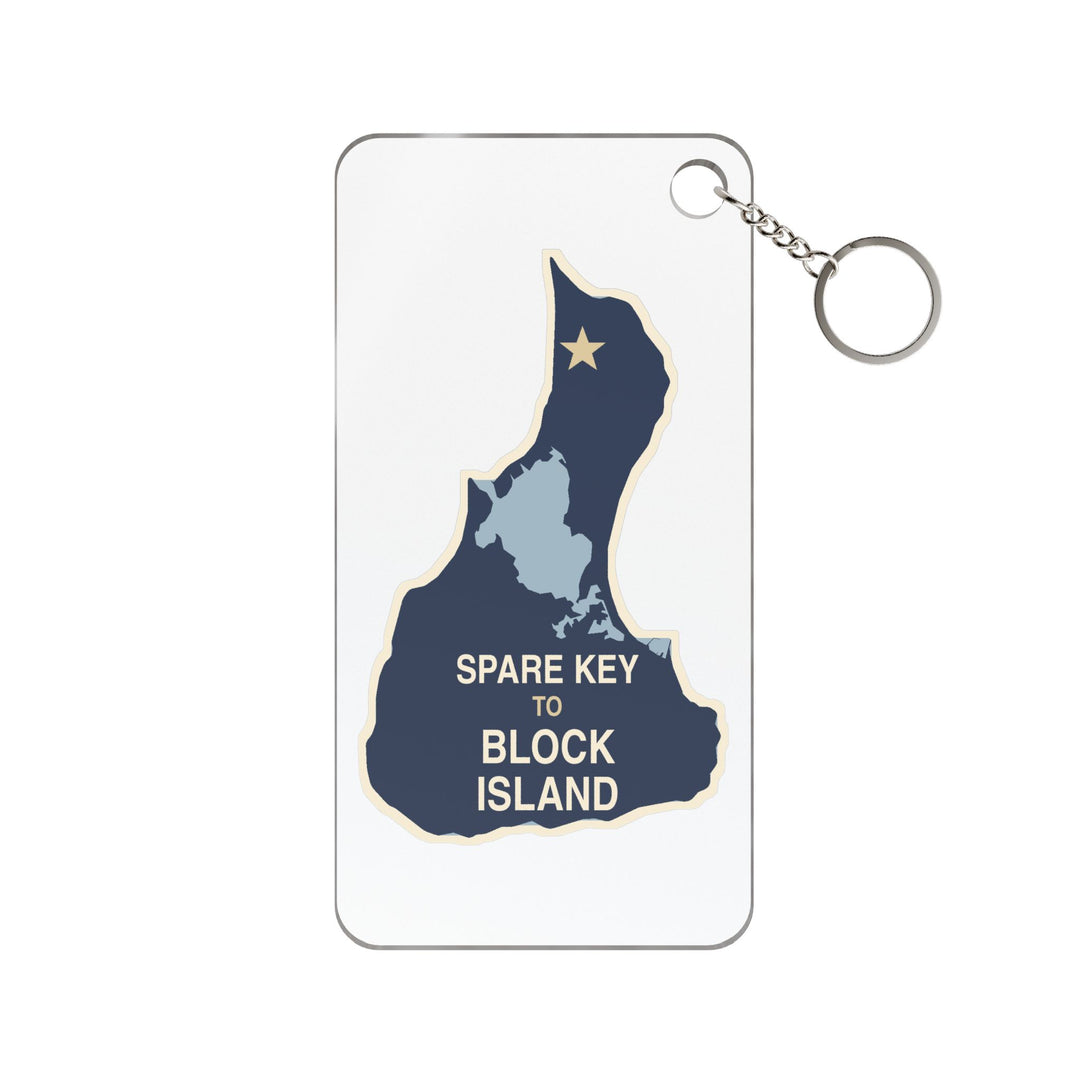 Clear acrylic keychain printed with a navy Block Island outline, pale blue Great Salt Pond and Spare Key to Block Island text