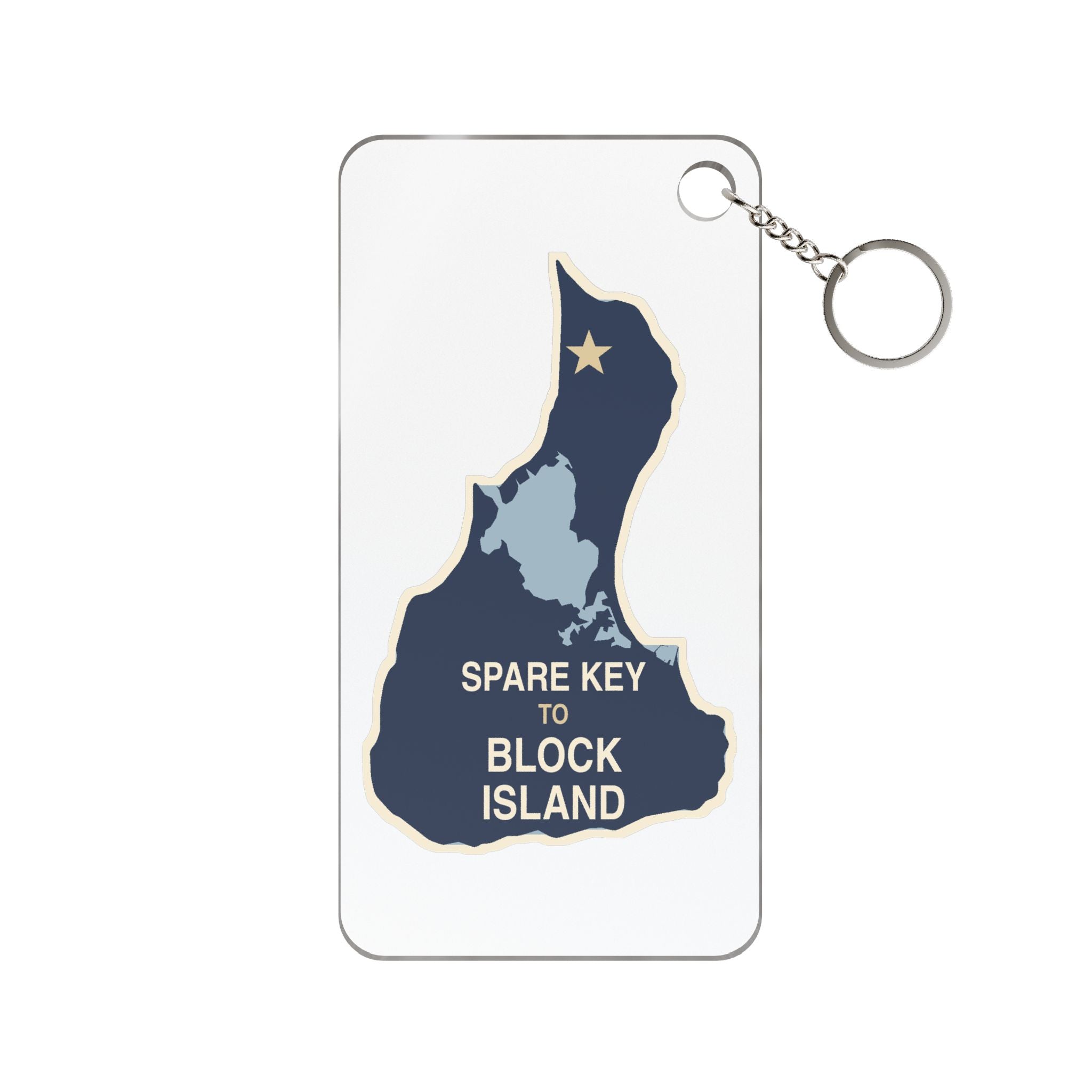 Clear acrylic keychain printed with a navy Block Island outline, pale blue Great Salt Pond and Spare Key to Block Island text