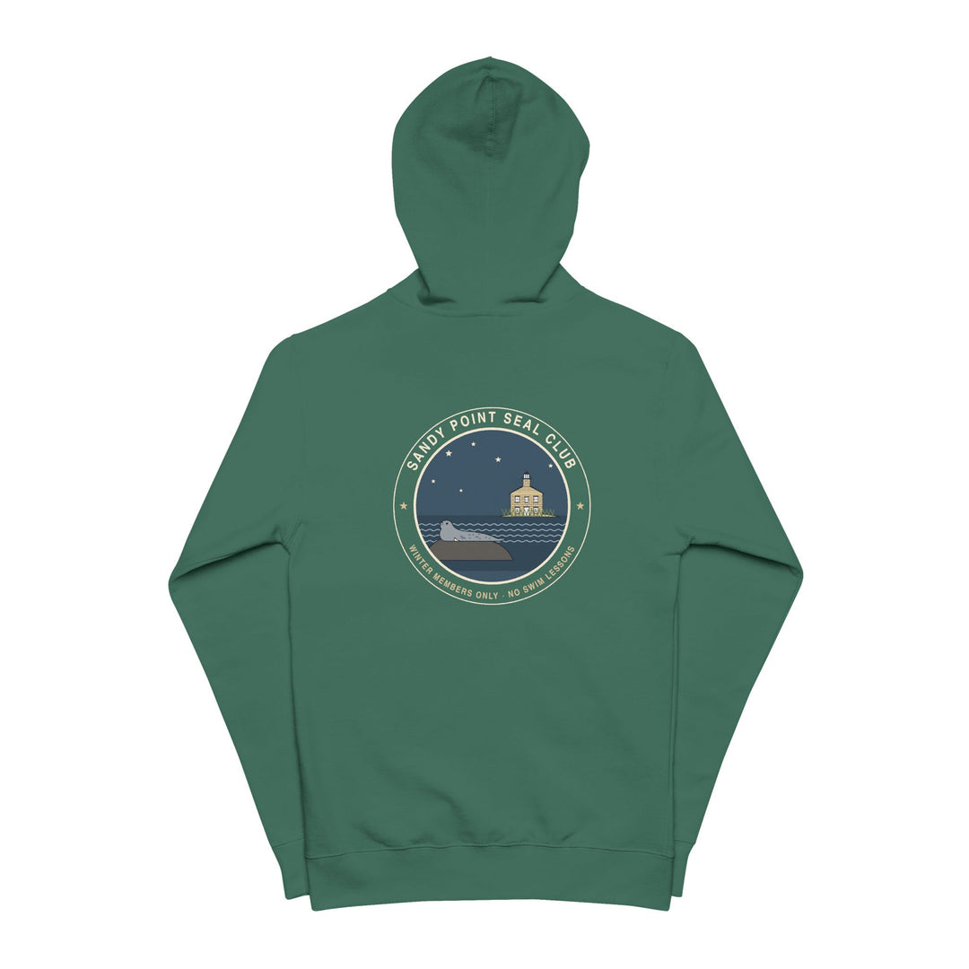 Sandy Point Seal Club zip hoodie back: grey seal on a rock with North Light, Block Island, in a round badge