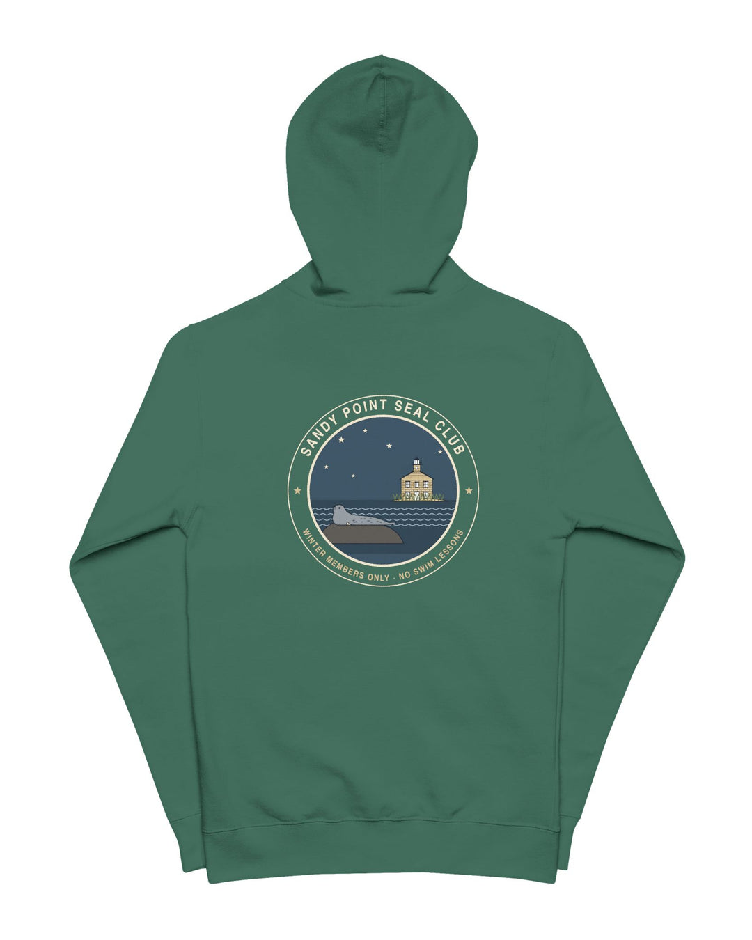 Sandy Point Seal Club zip hoodie back: grey seal on a rock with North Light, Block Island, in a round badge