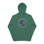 Sandy Point Seal Club zip hoodie back: grey seal on a rock with North Light, Block Island, in a round badge
