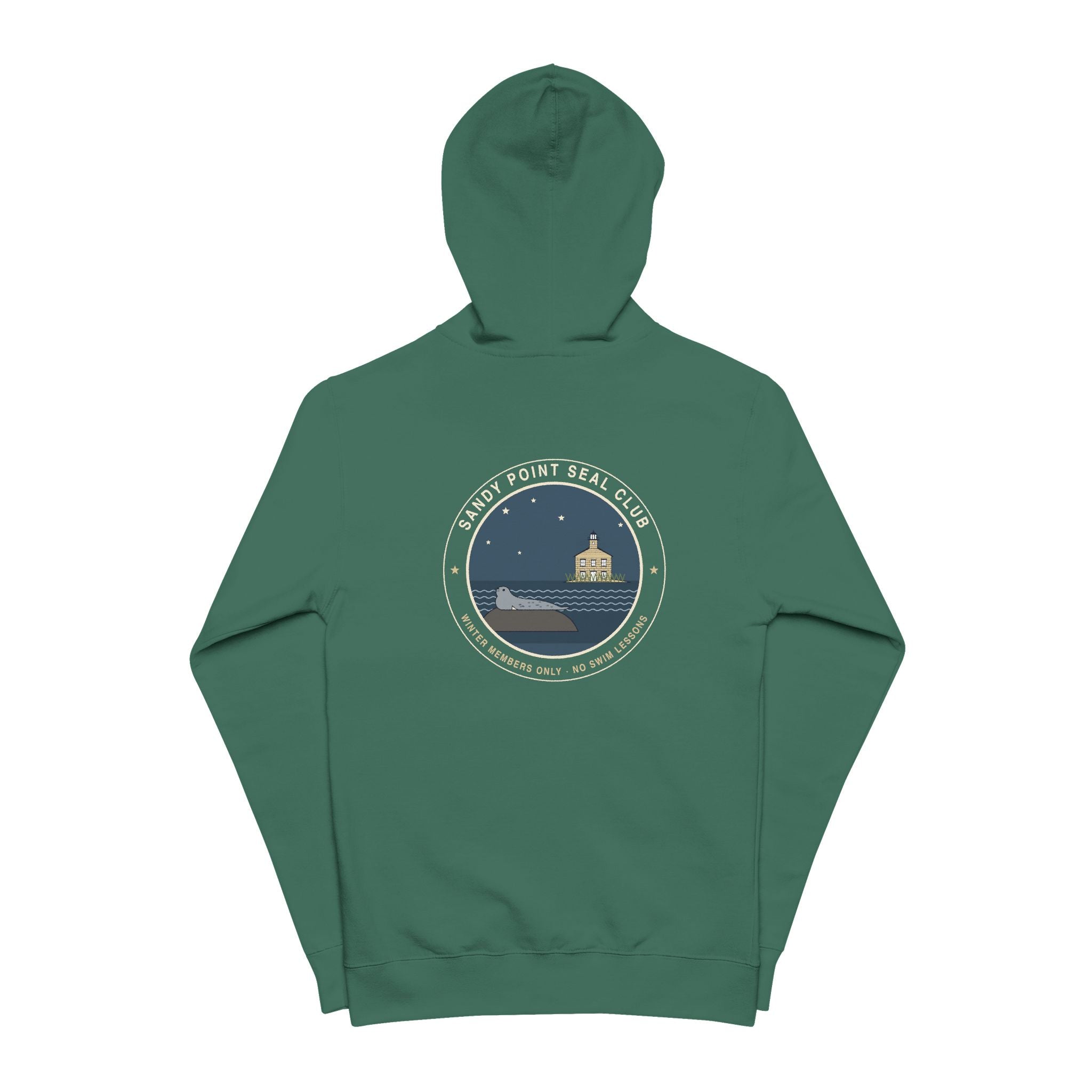 Sandy Point Seal Club zip hoodie back: grey seal on a rock with North Light, Block Island, in a round badge