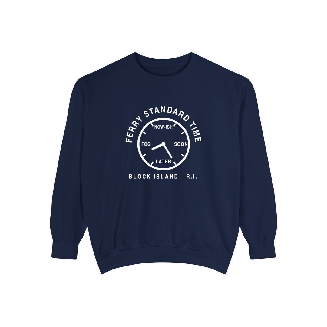 Ferry Standard Time crewneck: white clock face reading Now-ish, Soon, Later and Fog, Block Island R.I. — view 4