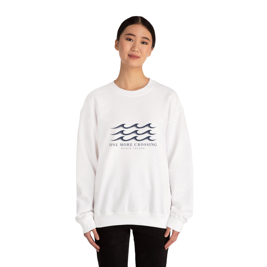 Front view of a woman in the white One More Crossing crewneck with navy waves, Block Island sweatshirt