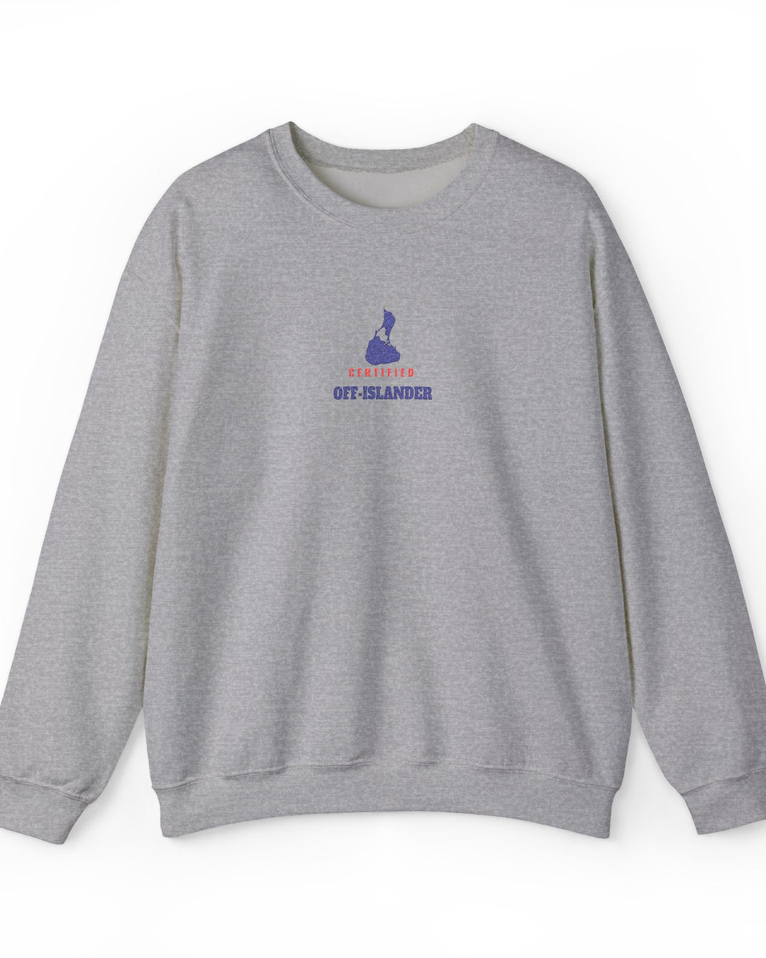 Certified Off-Islander embroidered Block Island crewneck sweatshirt in Sport Grey - BlockBoundRI