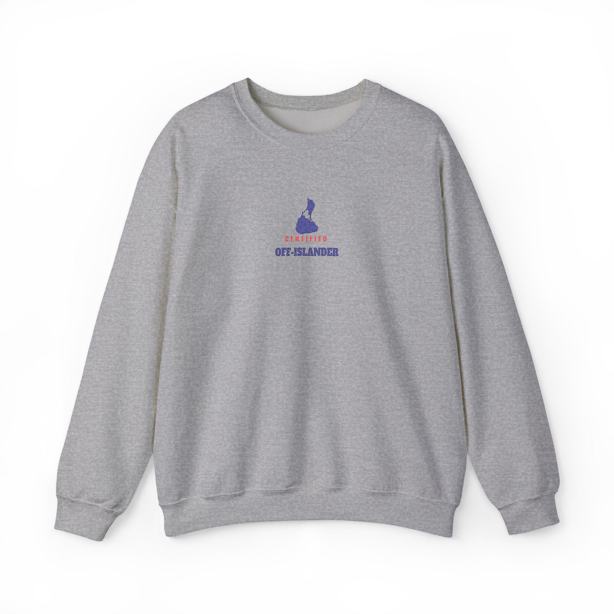Certified Off-Islander embroidered Block Island crewneck sweatshirt in Sport Grey - BlockBoundRI