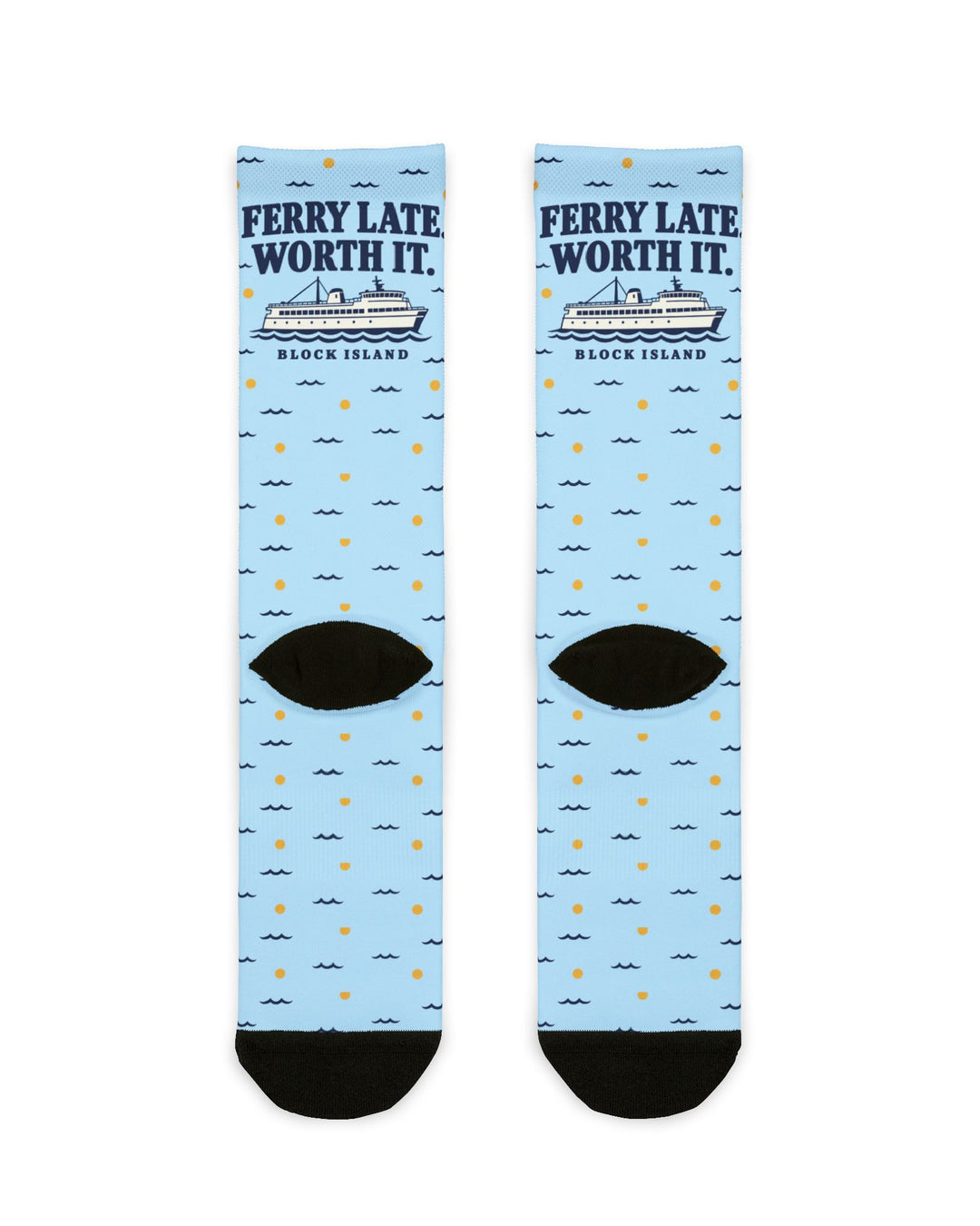 Back of the Ferry Late. Worth It. Block Island crew socks laid flat, showing black heels and light blue all-over print