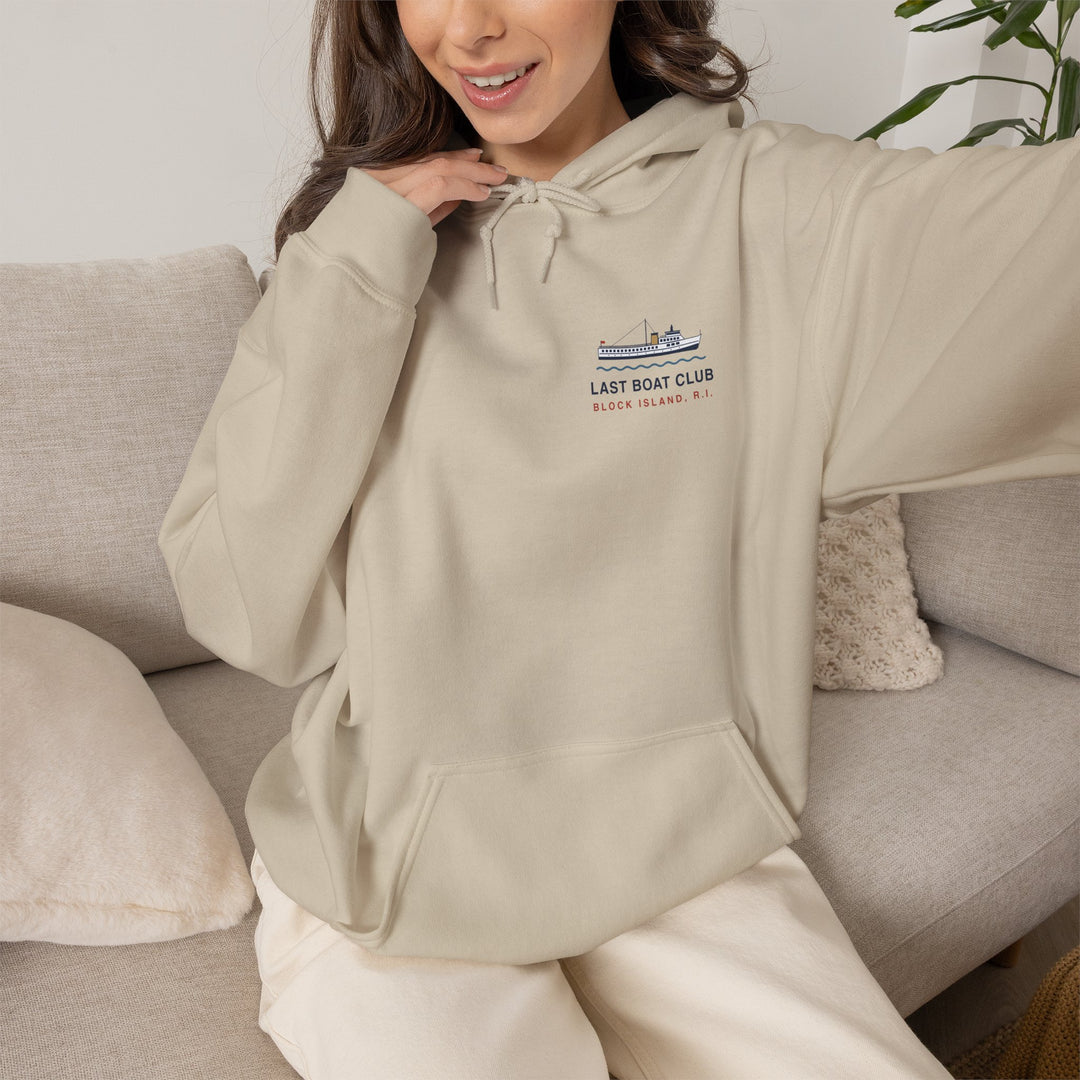 Last Boat Club hoodie: M/V BLOCK ISLAND ferry against a striped sunset, Block Island R.I. — view 23